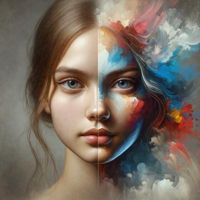 The primary subject of the image is a woman with two different colored faces. One face is painted with blue and pink colors, while the other face is painted with red and yellow colors. The setting is a painting, and the visual style is a digital art or illustration. The dominant colors and overall atmosphere of the image are vibrant and lively, with the woman's faces being the main focus.